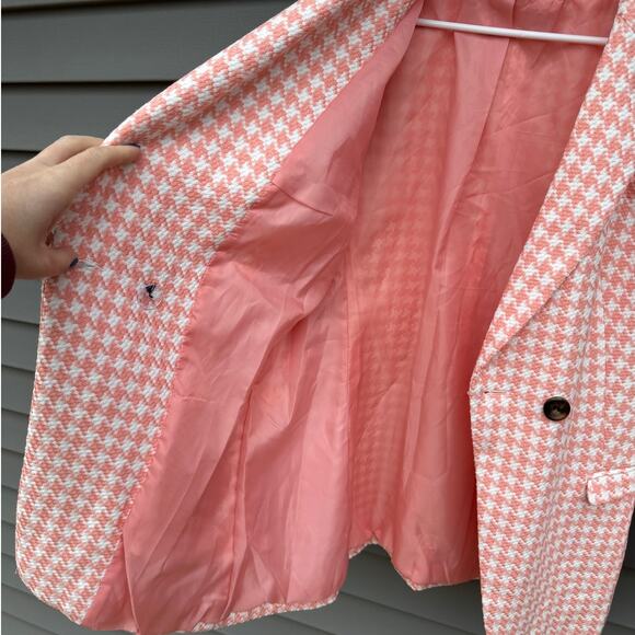ASOS size 10 Pink and White Dogstooth Houndstooth Long Suit Blazer Jacket - Picture 9 of 12